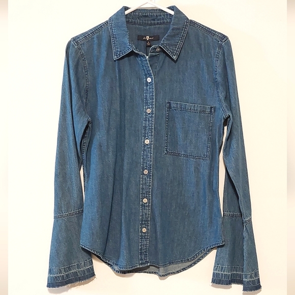 7 For All Man Kind Women's Flared Sleeve Button-Down Denim Shirt NWT Size S - Picture 4 of 12